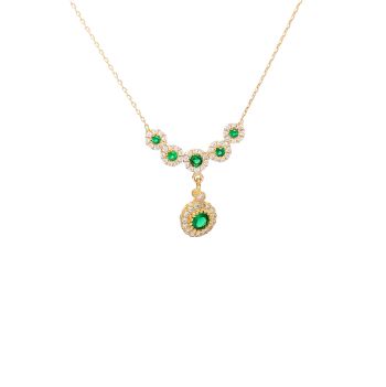 Yellow gold necklace with green agate and zircons